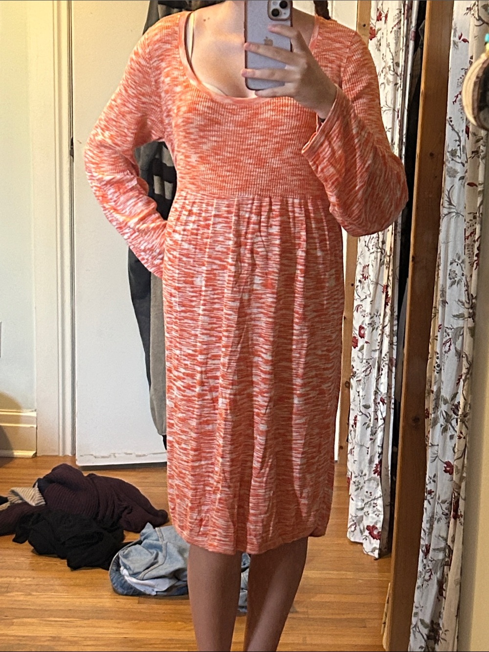 Michael Kors Orange and White Marled Scoop-Neck Midi Dress